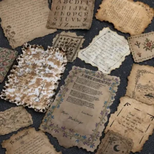 A scattered collection of antique parchment notes with decorative borders on a dark fabric background; one page clearly reads 'Suicide Note' amid worn, stained paper.