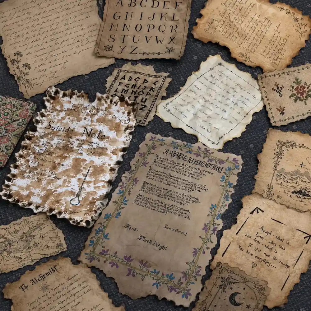 vintage papers - Artoza Crafts | Where Craft Becomes Style A scattered collection of antique parchment notes with decorative borders on a dark fabric background; one page clearly reads 'Suicide Note' amid worn, stained paper.