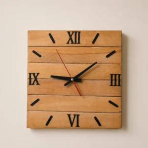 Wooden square wall clock made of horizontal planks with black Roman numerals and black hands.