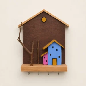 Decorative wooden wall shelf shaped like a house with colorful small houses on the ledge and hooks along the bottom edge.