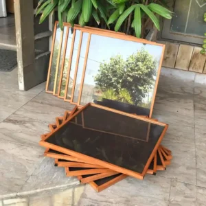 Several wooden-framed mirrors stacked on the ground beside a large leafy plant outdoors.