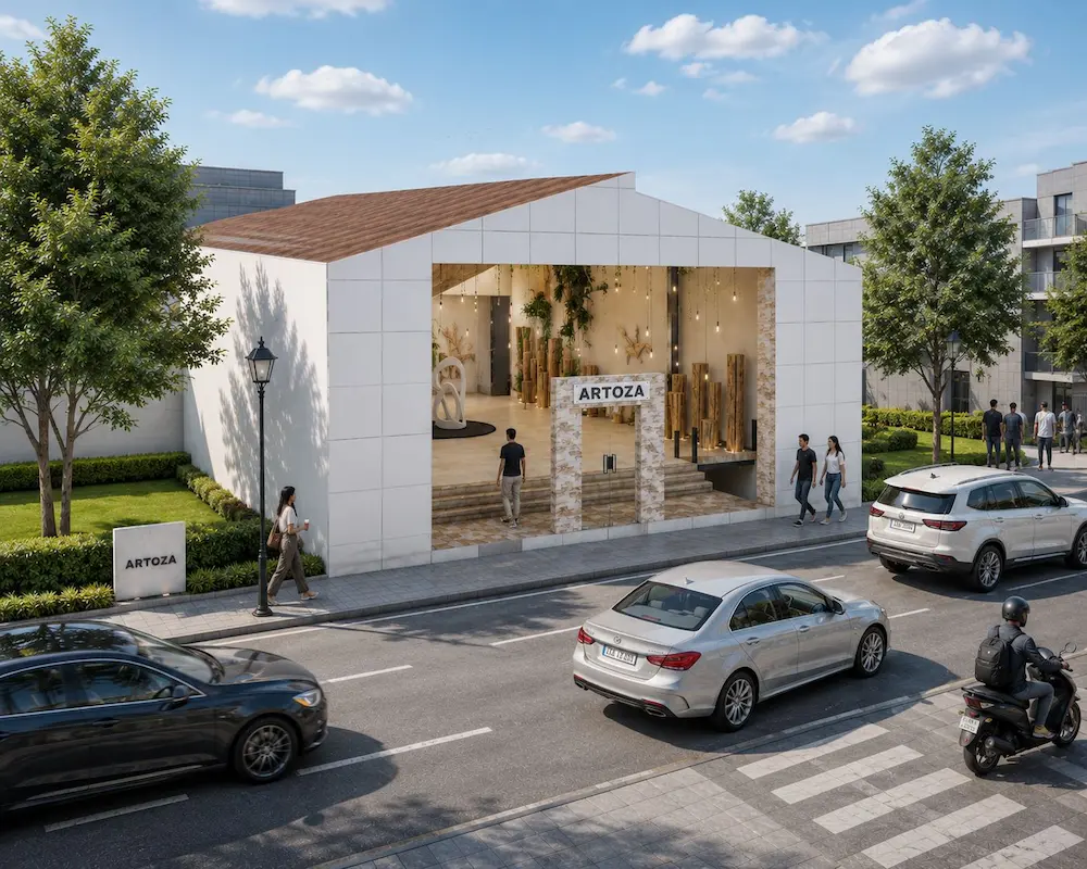ARTOZA Wooden Artwork Showroom Concept - Artoza Crafts | Where Craft Becomes Style Modern white showroom with open entrance labeled ARTOZA on a sunny street, cars and pedestrians nearby.