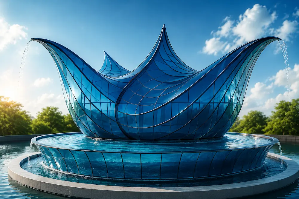 Farmhouse Concept Inspired by a Water Drop - Artoza Crafts | Where Craft Becomes Style Blue glass lotus fountain sculpture in a reflecting pool with water jets arcing from the petals.