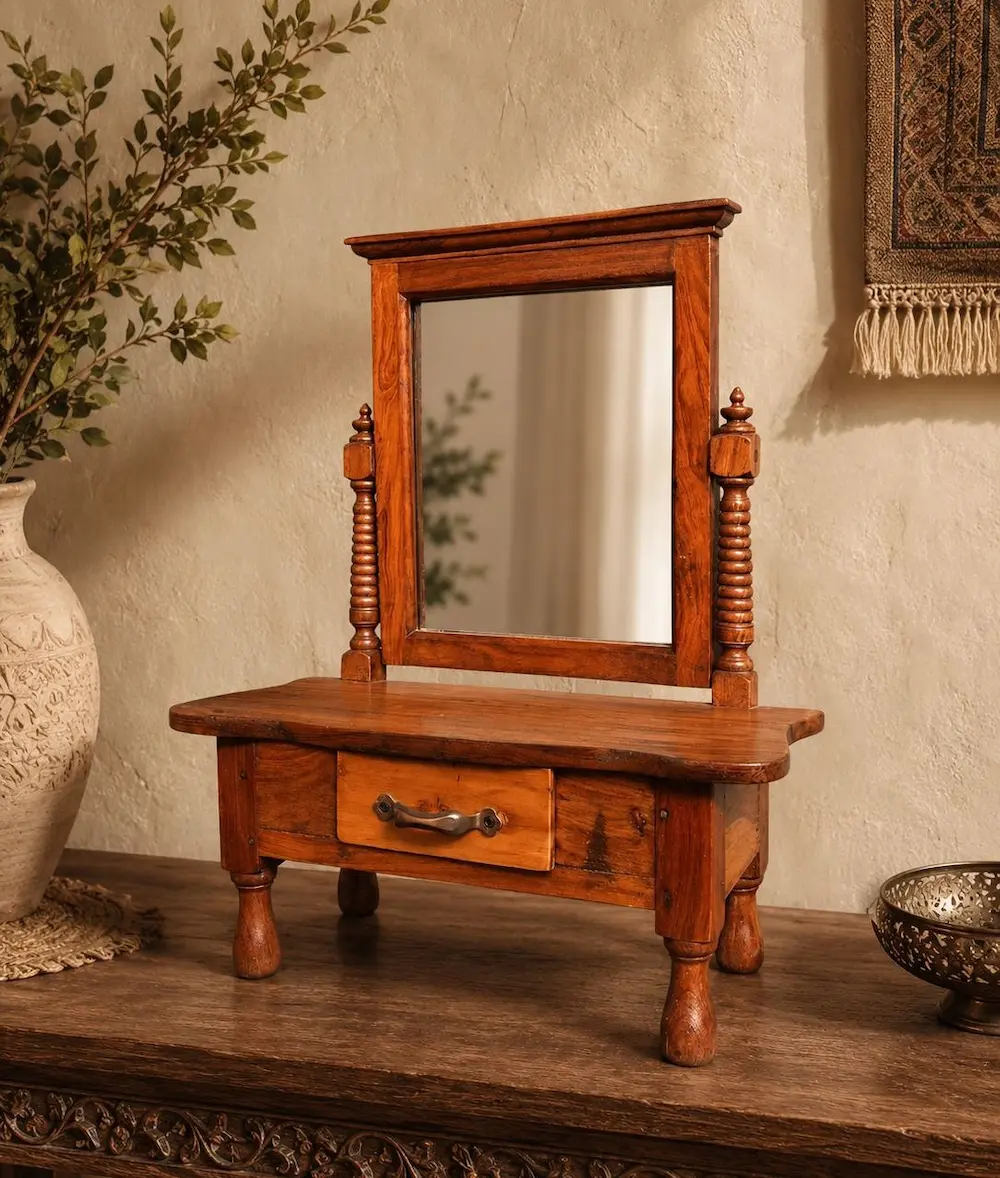 Mini Dressing Table - Artoza Crafts | Where Craft Becomes Style Antique wooden vanity with a framed mirror, single drawer, and turned legs on a rustic tabletop.