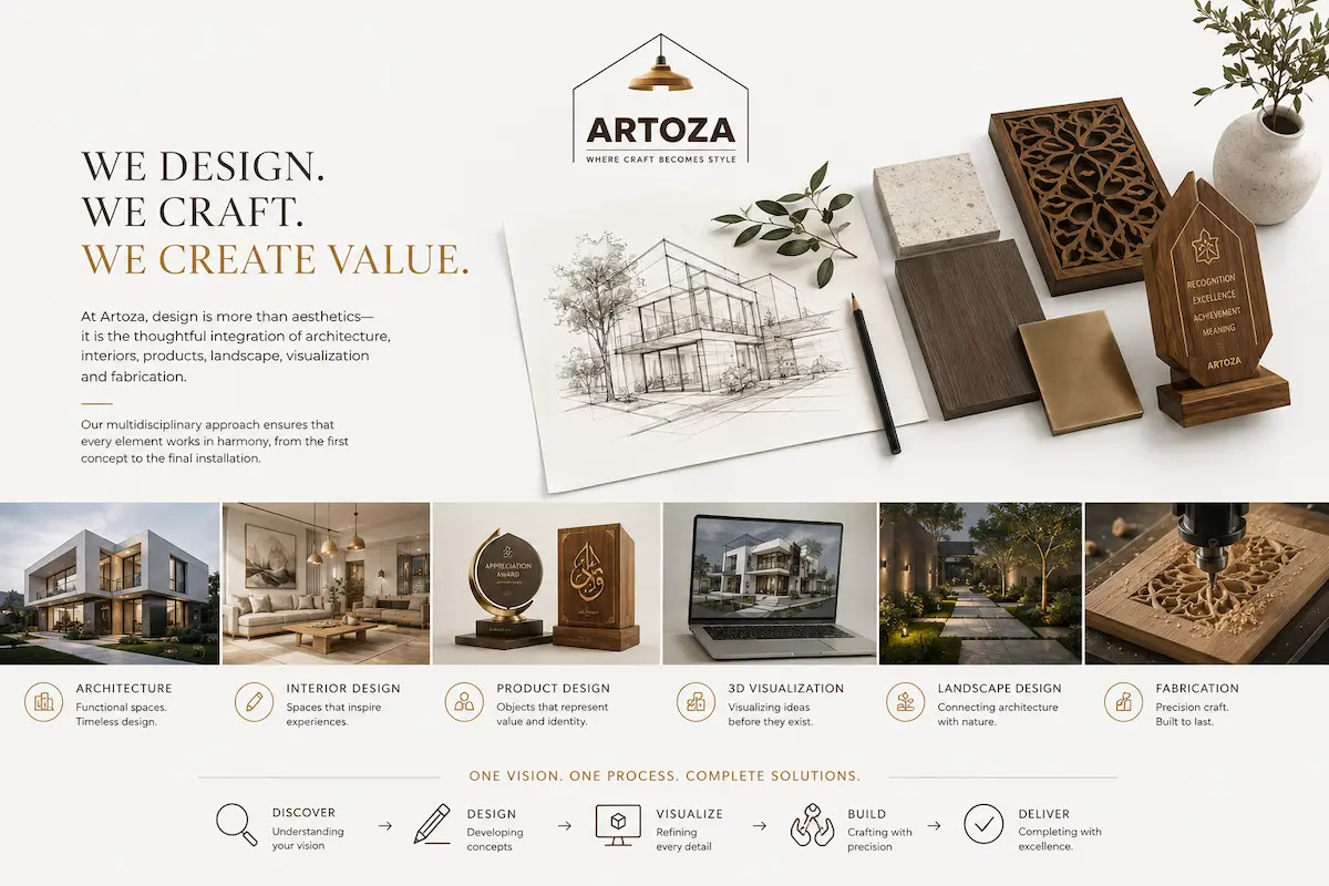 artoza-integrated-design-services-creative-process-illustration - Artoza Crafts | Where Craft Becomes Style Illustrated overview of Artoza's integrated design services featuring architecture, interior design, product design, landscape design, 3D visualization, custom fabrication, and handcrafted recognition products.