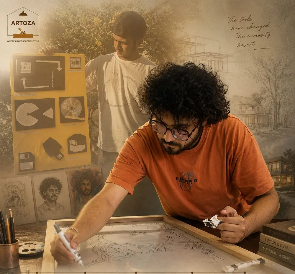 Creative journey collage of Shurza Naveed Iqbal, showing his childhood handmade school models in the background and his present-day artistic and design work in the foreground, illustrating the evolution of ARTOZA from early curiosity to an integrated creative studio.