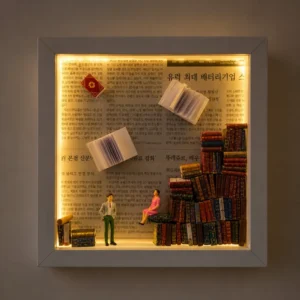 Lit shadow box diorama with a tiny man in a gray suit and a woman in a pink dress beside a stack of miniature books against a Korean newspaper backdrop.