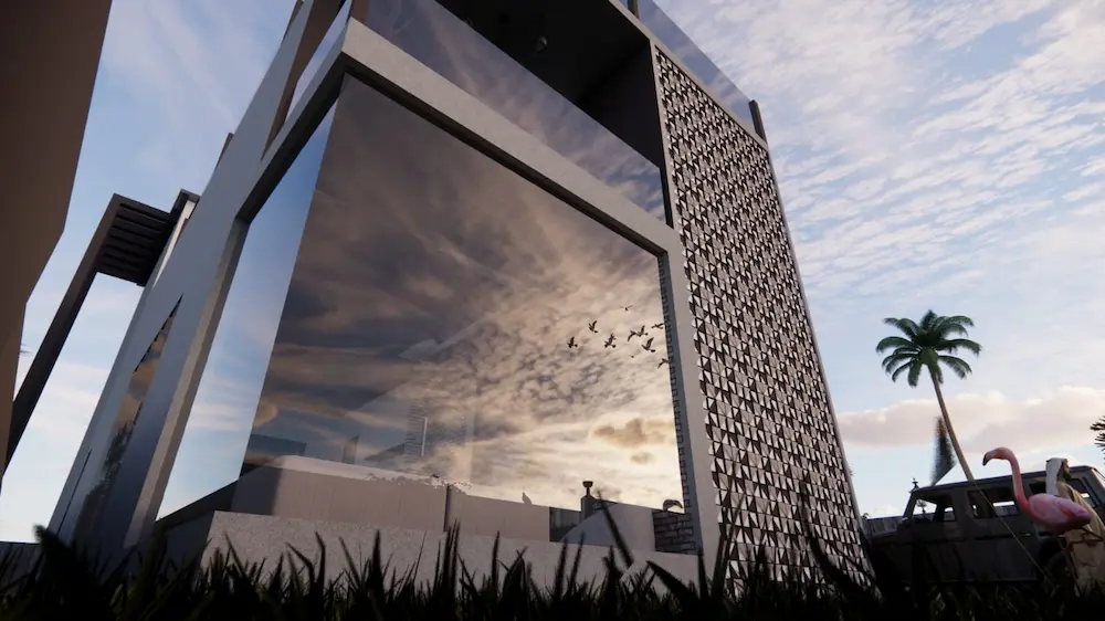 contemporary-villa-saudi-arabia1 - Artoza Crafts | Where Craft Becomes Style Modern angular glass building with a perforated lattice wall, reflecting the sunset sky; palm tree and a pink flamingo statue nearby.
