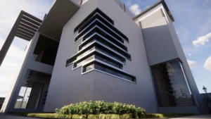 contemporary-villa-saudi-arabia2 - Artoza Crafts | Where Craft Becomes Style Modern gray apartment building with stacked rectangular windows and horizontal louvers, front shrubs in view under a blue sky.