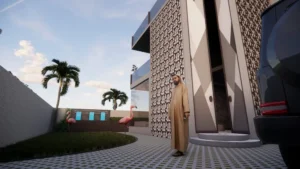 contemporary-villa-saudi-arabia3 - Artoza Crafts | Where Craft Becomes Style Man in a brown robe stands at the doorway of a modern building with a geometric facade, a parked SUV on the right, and flamingos in a small courtyard with palm trees.