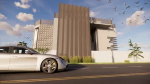 contemporary-villa-saudi-arabia4 - Artoza Crafts | Where Craft Becomes Style Modern luxury house with a tall vertical brown facade, white walls, and landscaped front; a silver car parked along the street in the foreground; blue sky with birds flying overhead.