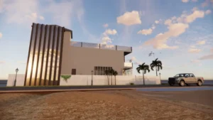 contemporary-villa-saudi-arabia5 - Artoza Crafts | Where Craft Becomes Style Modern two-story white house with vertical brown panels by the coast, palm trees nearby, and a pickup truck on the street.