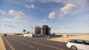contemporary-villa-saudi-arabia7 - Artoza Crafts | Where Craft Becomes Style Modern two-story building along a desert road with palm trees, a parked car, and a camel nearby under a blue sky with clouds.