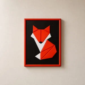 Framed origami fox artwork in red and white on a black background.