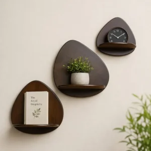 Three teardrop-shaped shelves on a beige wall; top shelf has a clock, middle a potted plant, bottom a book.