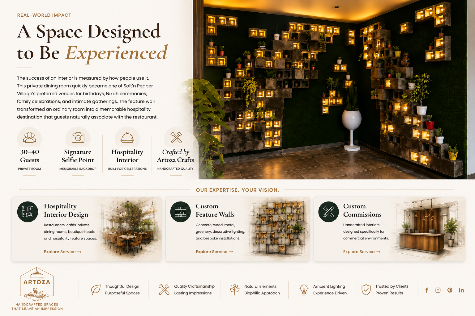 Interior design showroom hero: illuminated modular cube wall with plants and a white vase on a dark backdrop. Left panel shows text.