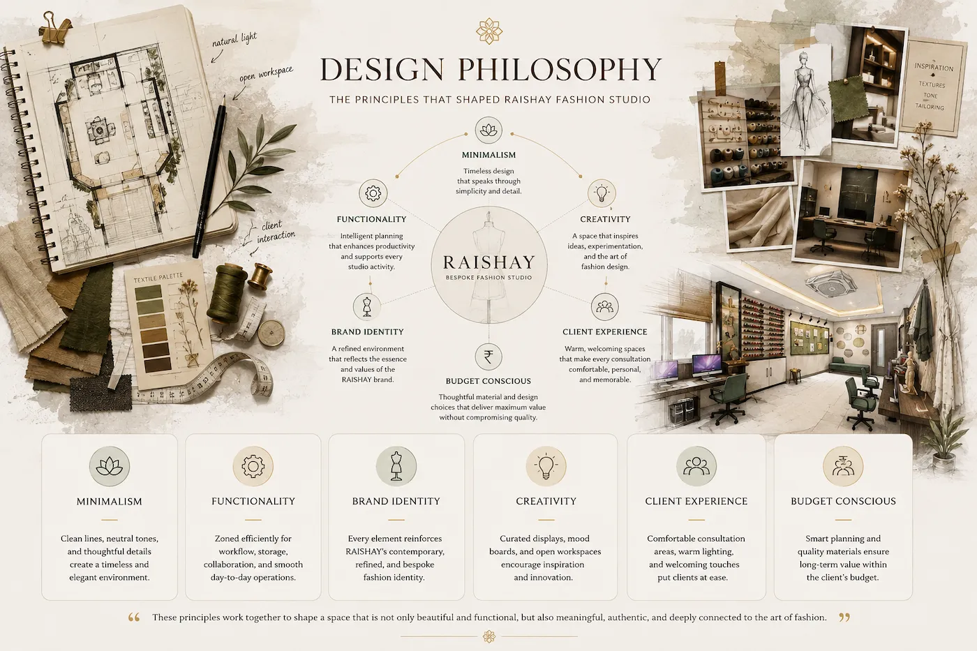 Editorial illustration showing the design philosophy and space planning process for RAISHAY Fashion Studio, featuring floor planning, fashion mood boards, material palette, workspace inspiration, and the six guiding design principles.