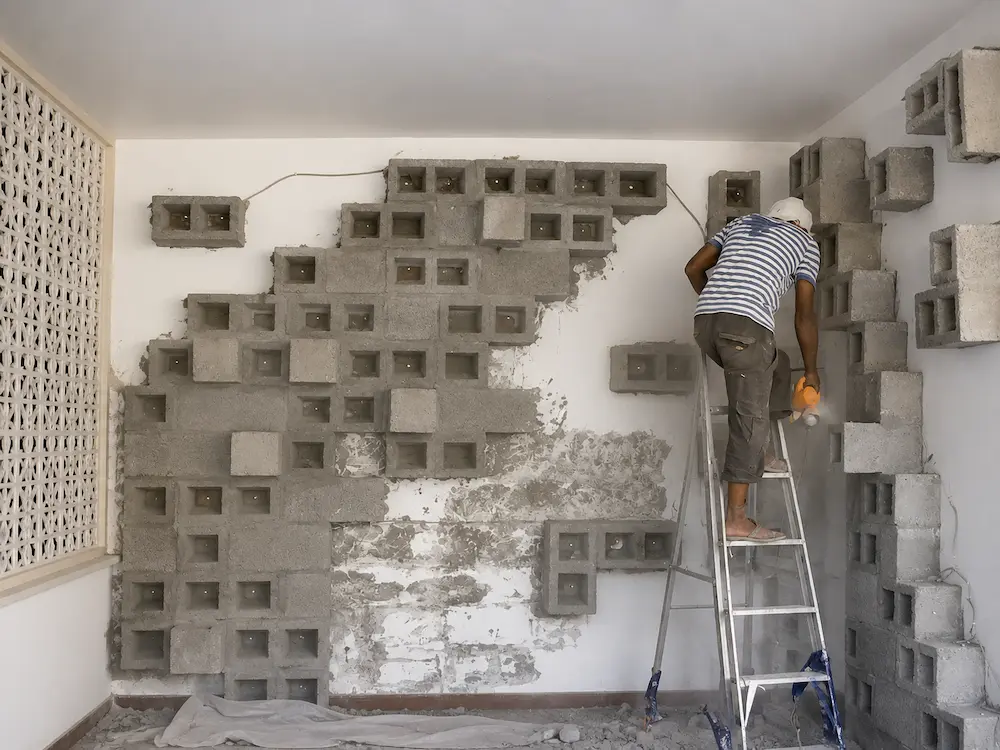 Craftsman grinding and aligning the sculptural concrete block installation before applying the final finishes in the private dining room.