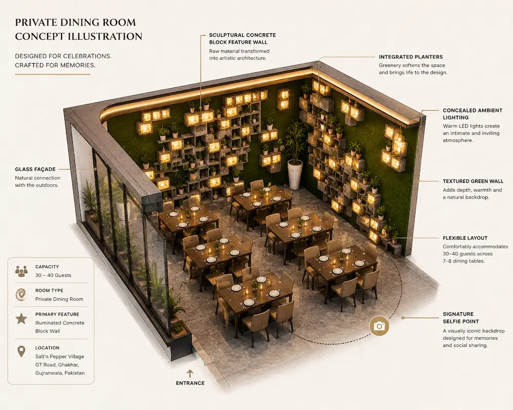 Architectural concept illustration of Salt'n Pepper Village private dining room showing illuminated concrete block feature walls, decorative metal privacy grills at the entrance, glass walls, integrated greenery, warm ambient lighting, and seating layout for 30–40 guests.
