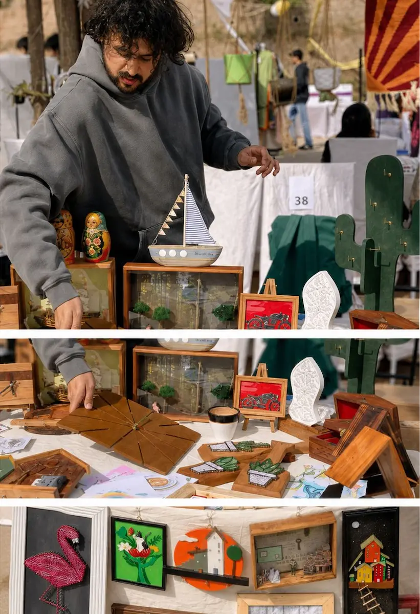 Collage of Shurza Naveed Iqbal presenting his handcrafted creations at one of his early public craft exhibitions, showcasing original wooden décor, miniature artworks, handmade products, and custom designs that reflect the creative journey behind Artoza Crafts.