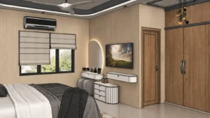 Modern bedroom with wood-paneled walls, a bed with white and gray bedding, and a large window with Roman shades