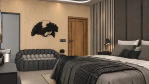 Luxurious bedroom with a round tufted gray sofa, wooden door, and striped wall panels.