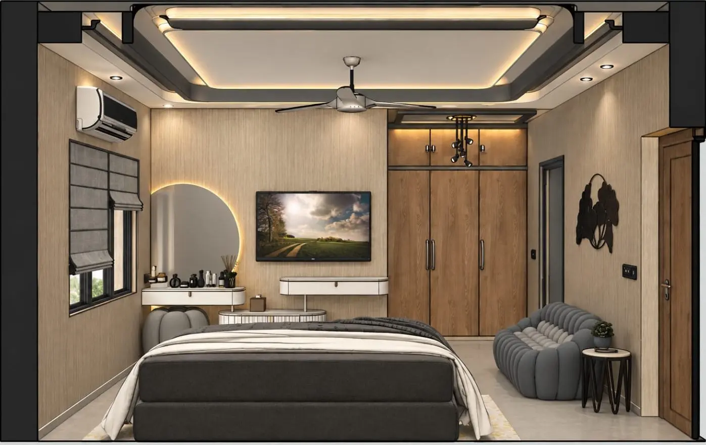 3D interior visualization of a contemporary bedroom with layered ceiling lighting, wood wall finishes, built-in wardrobe, dressing area, and upholstered seating