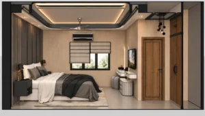 3D interior visualization of a contemporary bedroom with layered ceiling, upholstered bed, wood wall finish, built-in wardrobe, and dressing area